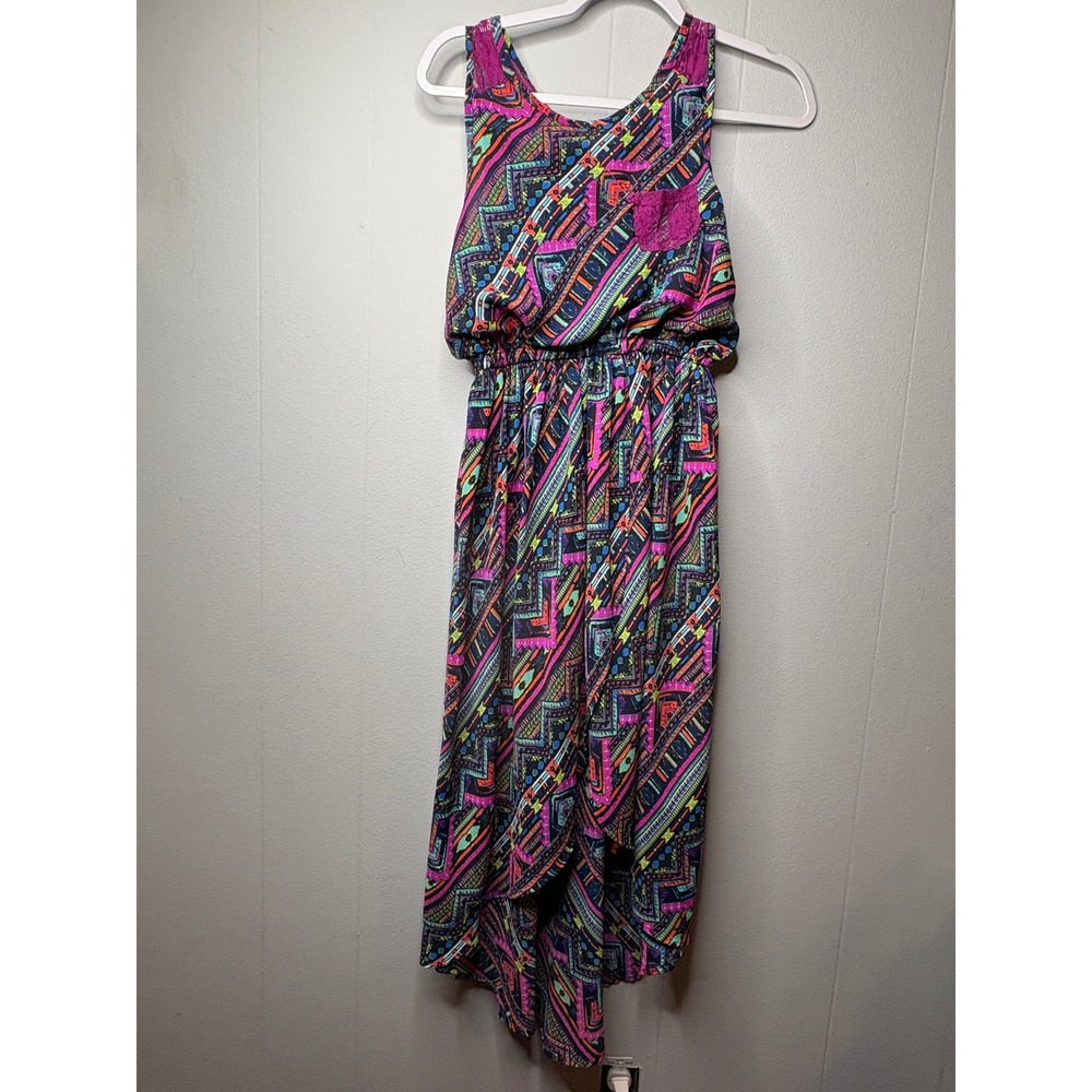 Bonnie Jean Girls Size 16 Neon Geometric Tribal High-Low Maxi Dress Lace Pocket